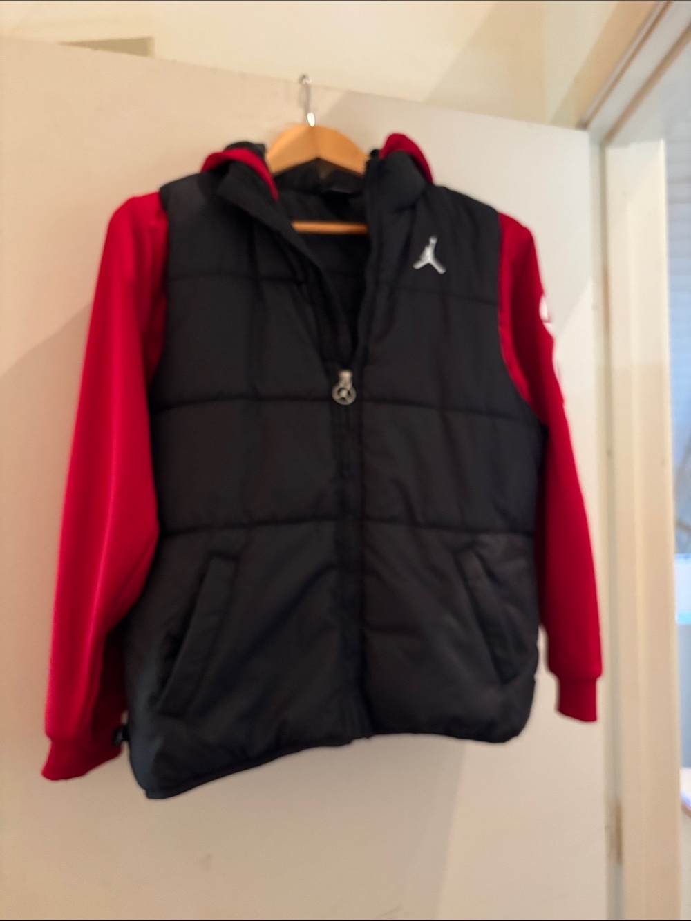 Jordan Black Puffer Vest with Red Hoodie Layer